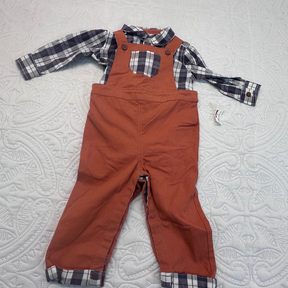 Tommy Bahama Kids Plaid Bodysuit and Orange Overalls Set 6-9M NWT